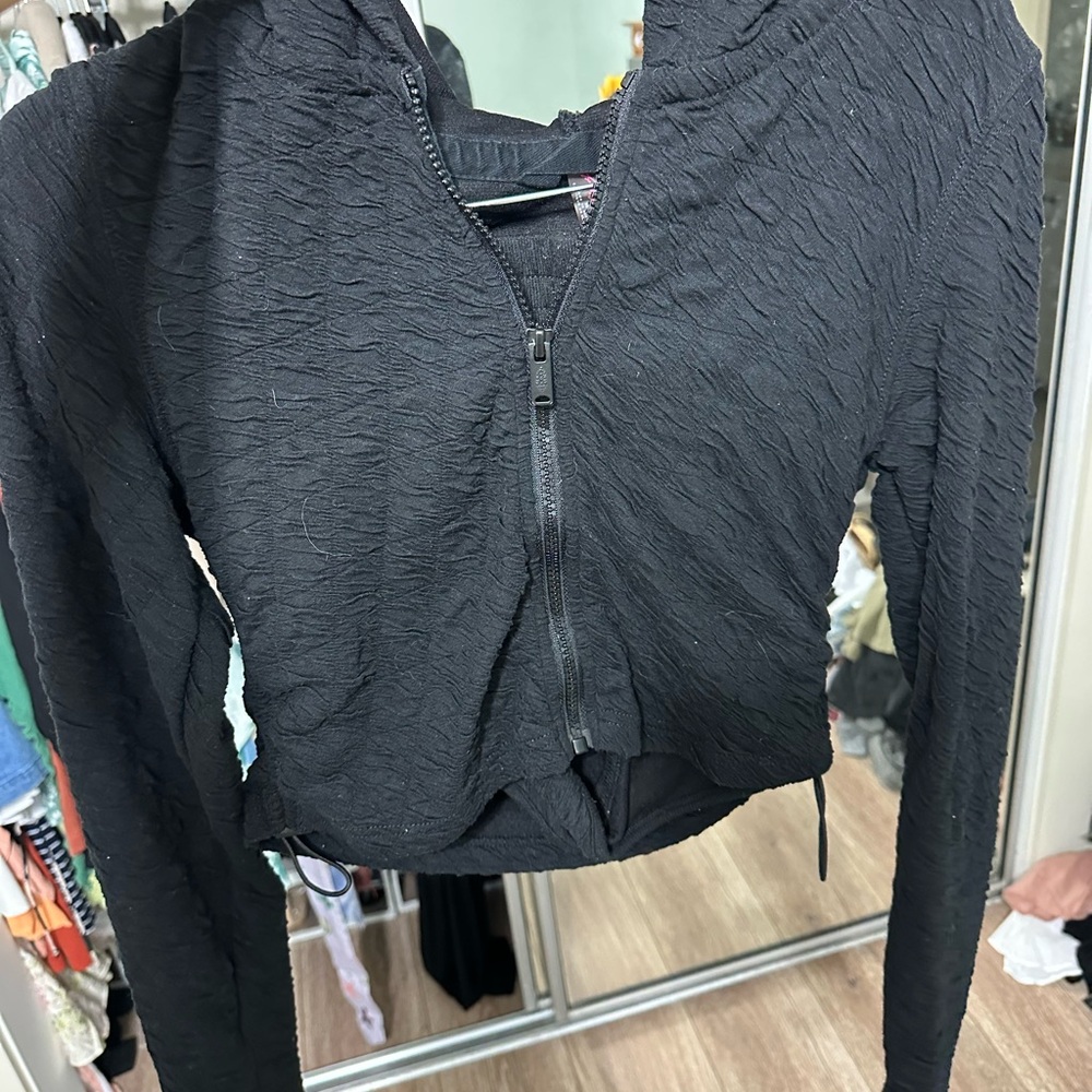 Free People Black Textured Cropped Zip Hoodie